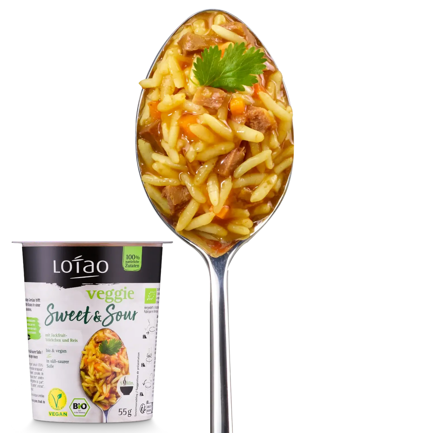 Bio-veganer Jackpot 5-Minuten Terrine von Lotao zubereitet auf Löffel mit Packung in Geschmack Veggie Süß Sauer Reis