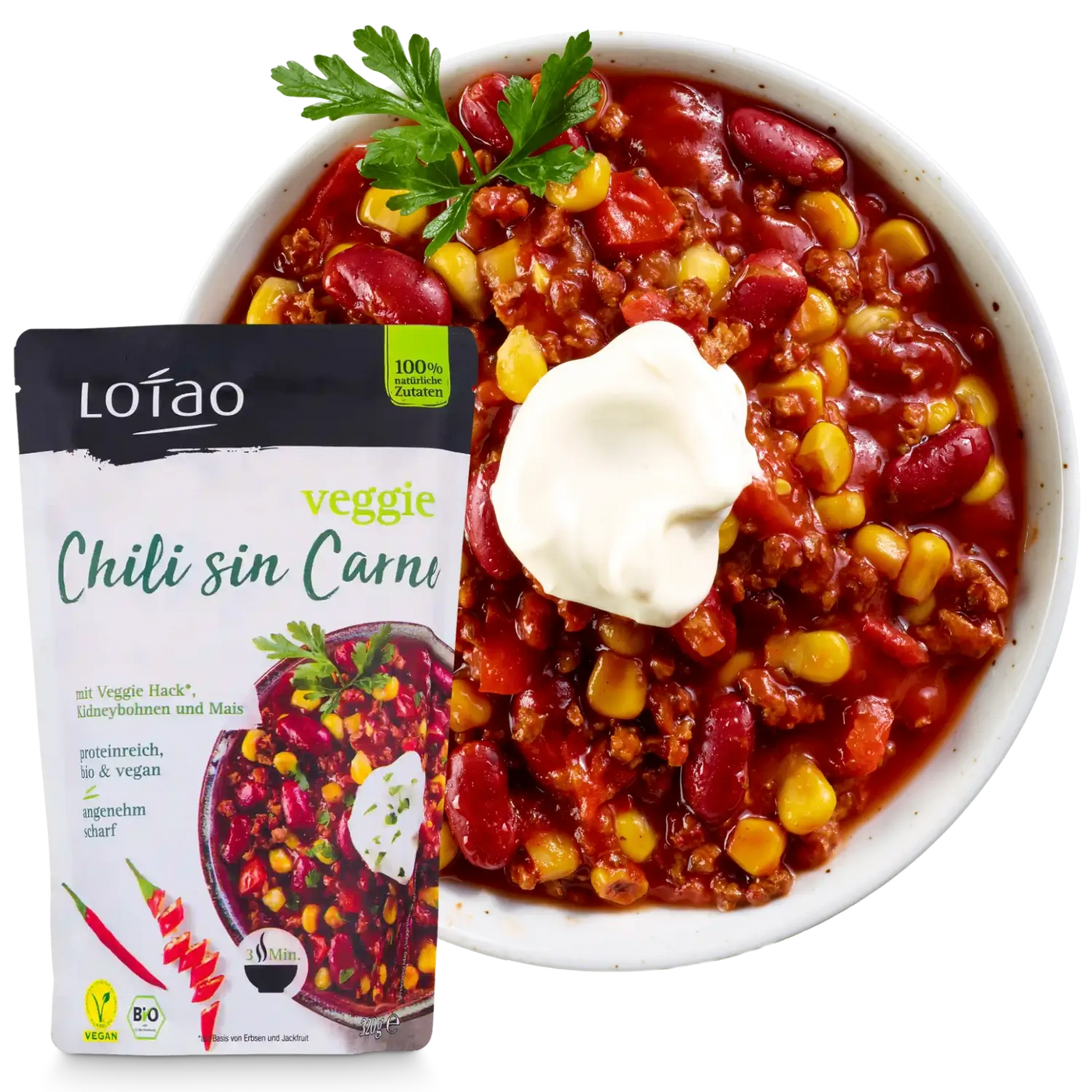 Bio-veganes Fertiggericht Veggie Chili sin CarneBowl von Lotao zubereitet auf Teller mit Packung