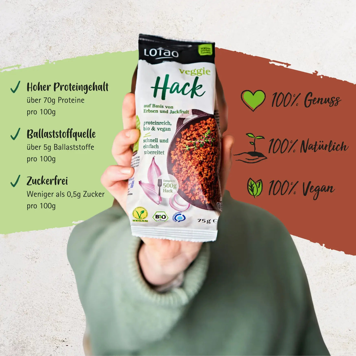 Das bio-vegane Veggie Hack von Lotao zeichnet sich durch einen hohen Proteingehalt aus, dass eine Ballaststoffquelle enthalten ist und das Produkt zuckerfrei ist für 100% veganen Genuss und Natürlichkeit