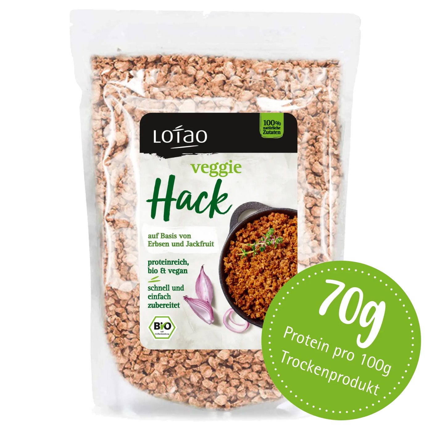 Bio-vegane Hackfleischalternative Veggie Hack von Lotao mit 70% Proteinanteil in der 1kg Packung
