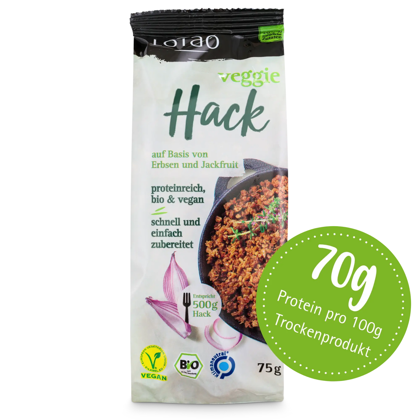 Bio-vegane Hackfleischalternative Veggie Hack von Lotao mit 70% Proteinanteil in der 75g Packung