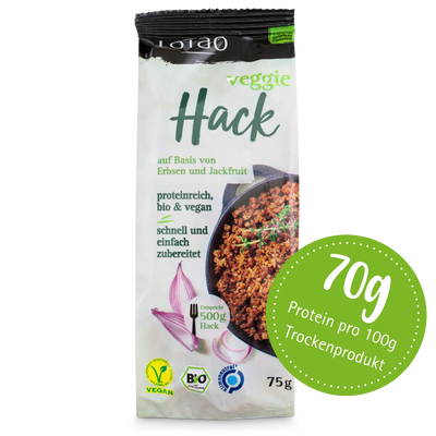 Bio-vegane Hackfleischalternative Veggie Hack von Lotao mit 70% Proteinanteil in der 75g Packung