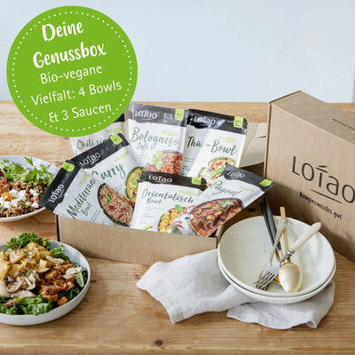 Vorteile der Genussbox von Lotao ist die bio-vegane Vielfalt mit 4 Sorten Bowls und 3 Sorten Fertisaucen