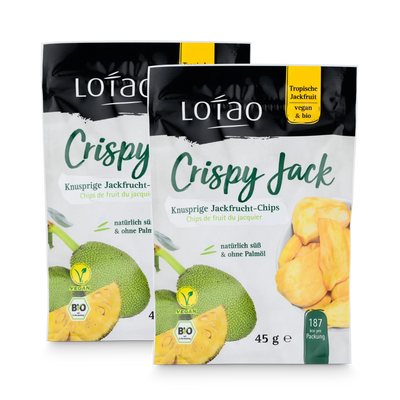 Die bio-veganen Fruchtchips Crispy Jack ohne Palmöl sind im 2x45g Set erhältlich