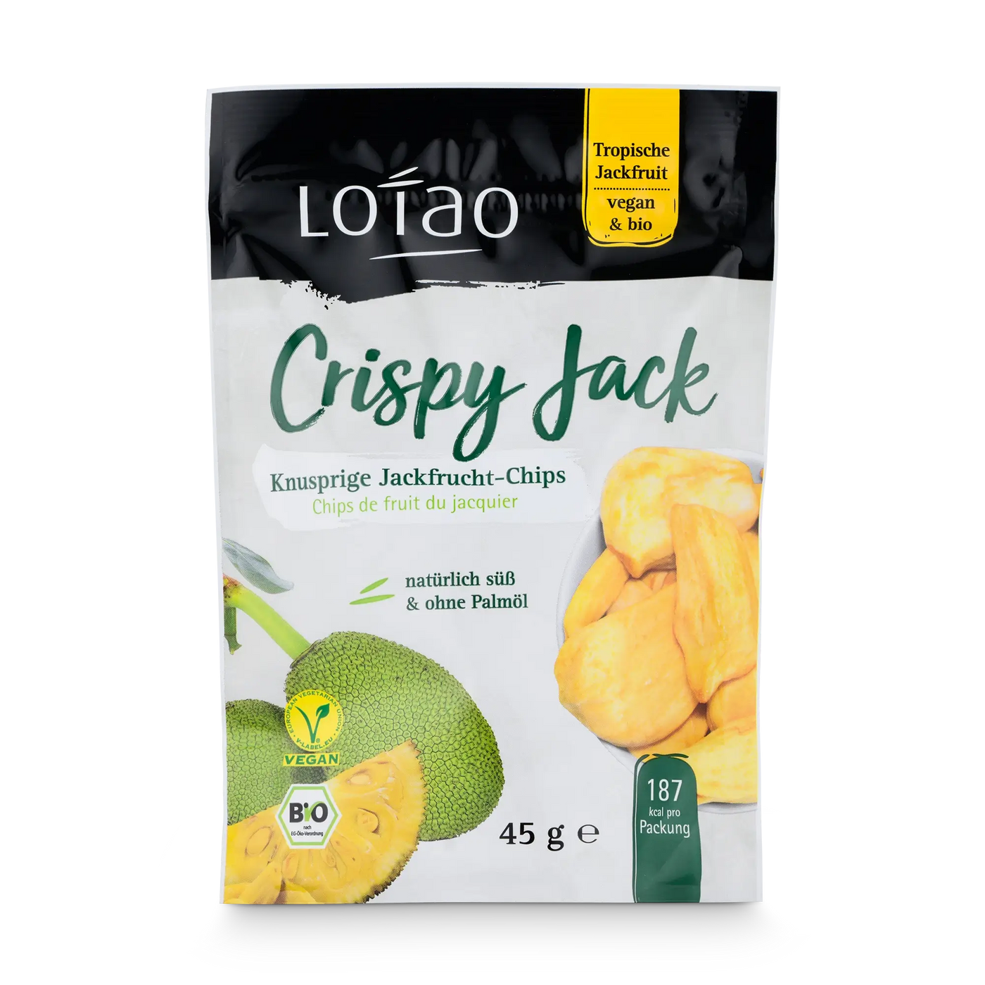 Lotao Crispy Jack sind knusprige Jackfruit-Chips in veganer Bio-Qualität ohne Palmöl, hier als 45g Tüte