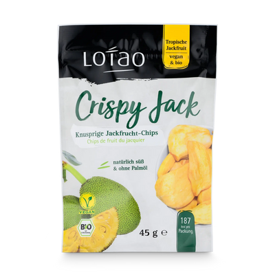 Lotao Crispy Jack sind knusprige Jackfruit-Chips in veganer Bio-Qualität ohne Palmöl, hier als 45g Tüte
