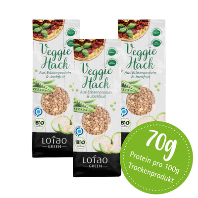 Bio-vegane Hackfleischalternative Veggie Hack von Lotao mit 70% Proteinanteil in der 3x100g Packung