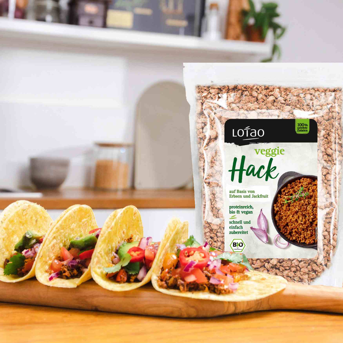 Das proteinreiche Veggie Hack von Lotao enthält 70g Protein und ist vielseitig einsetzbar